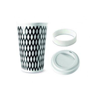 Porceliano puodelis 400 ml su dangteliu baltas/juodas